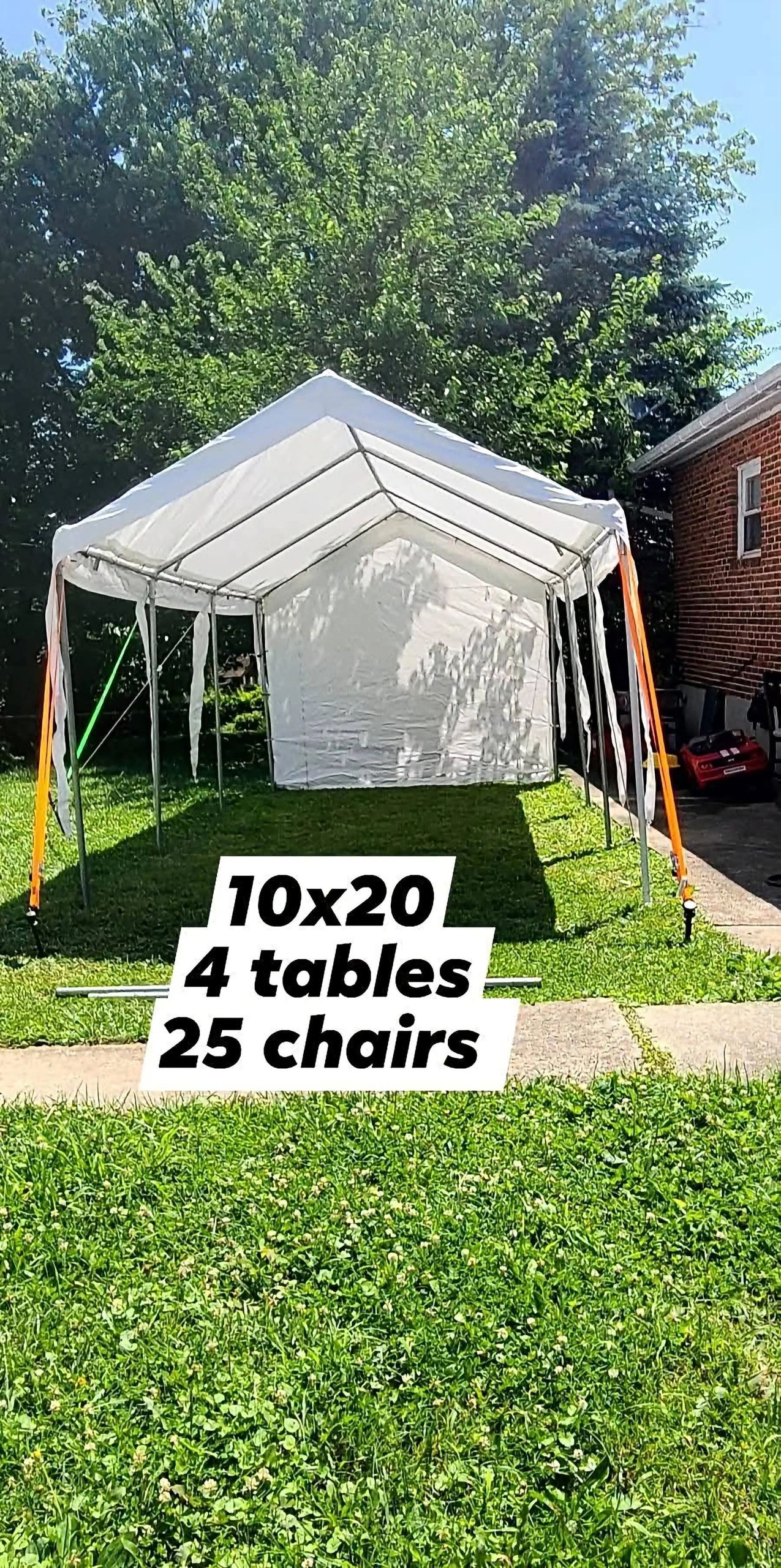 White outdoor event tent with dimensions and seating info.