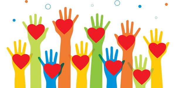 Colorful hands raised with red hearts symbolizing love and support.