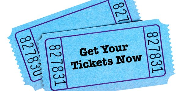 Two blue tickets with 'Get Your Tickets Now' text printed on one.