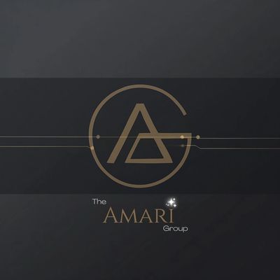 Elegant logo for The Amari Group with gold geometric design on dark background.