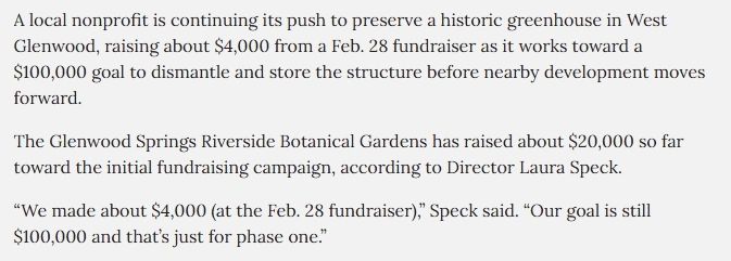 Text about a nonprofit raising funds to preserve a historic greenhouse in West Glenwood.
