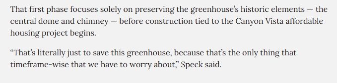 Text about preserving a historic greenhouse before affordable housing construction.