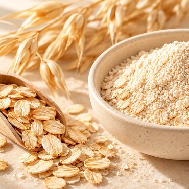 Bowl of finely ground oats surrounded by oat grains and stalks on a warm neutral background.