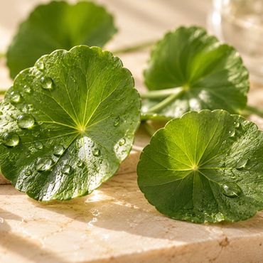 Close-up of fresh green centella leaves with water droplets in soft natural light.