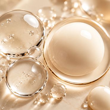 Close-up of translucent, glossy droplets on a warm beige surface, representing moisture and hydration.