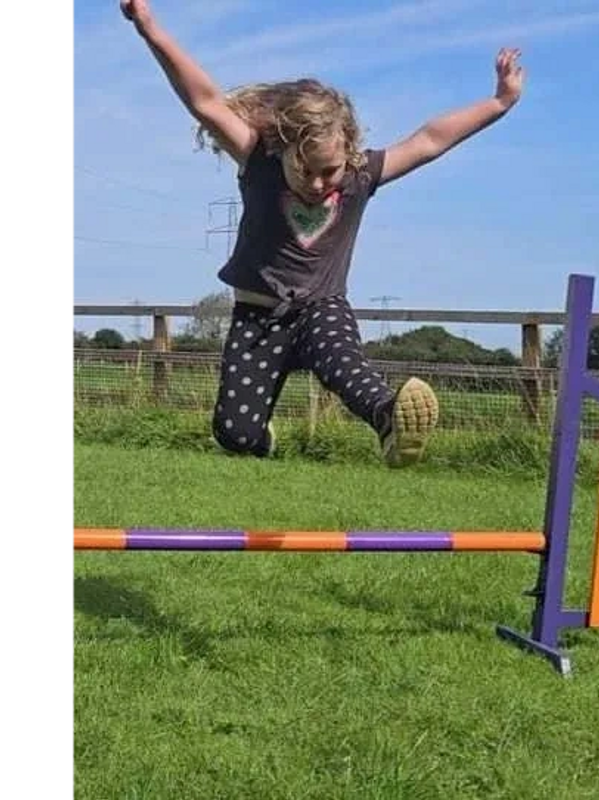 A young girl jumping a mini showjump