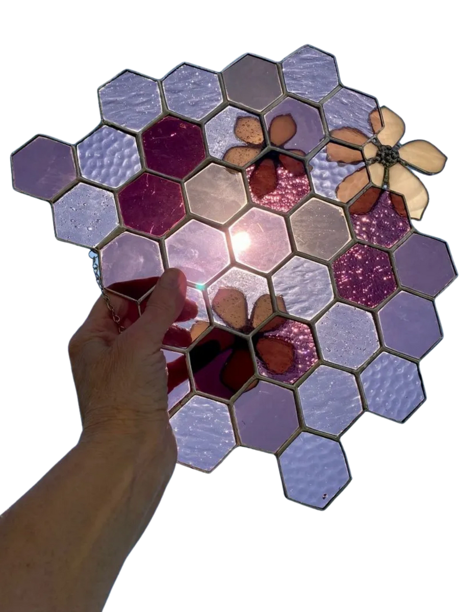Purple Stained Glass Suncatcher with 3D Flowers by Hip Chick