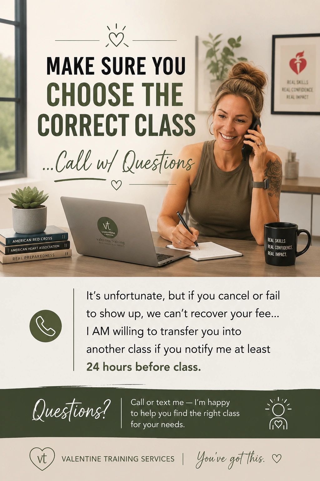 Woman encouraging to choose the right class and call with questions.