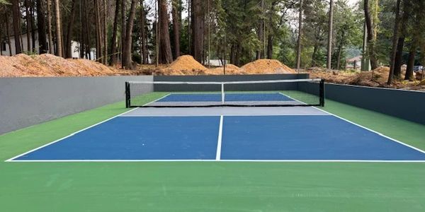 A freshly painted outdoor pickleball court surrounded by trees and soil.