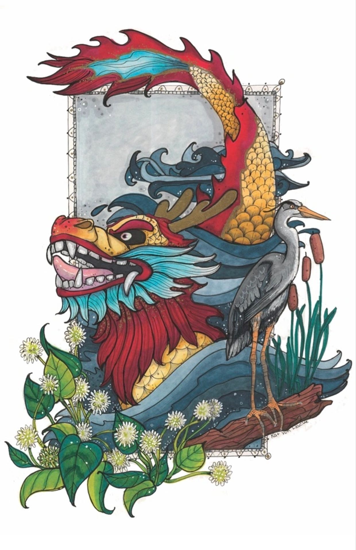 Colorful dragon and heron illustration with flowers and reeds.