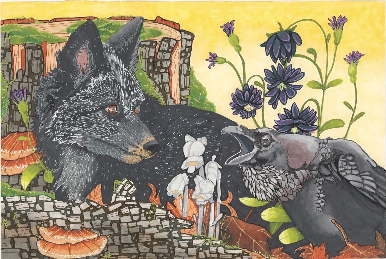 Illustration of a black fox and a crow among flowers and stone ruins.