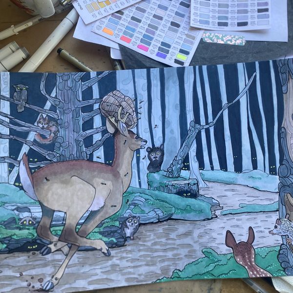 illustration of buck running through the woods being chased by hornets