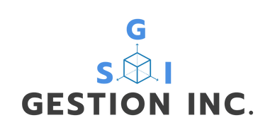 Logo for Gestion Inc. featuring blue letters and a 3D cube design.