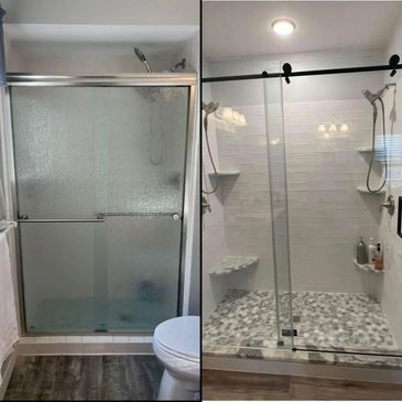 Before and after bathroom shower remodel comparison.
