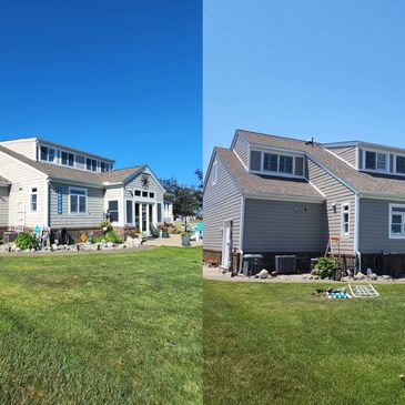 Two panoramic views of a two-story house with lawn and clear sky.