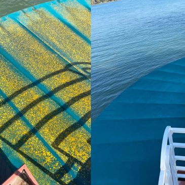 Comparison of a roof covered in yellow debris and a clean blue roof by the water.