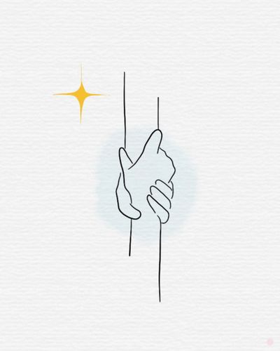 Minimalist line art of two hands holding each other through vertical lines.