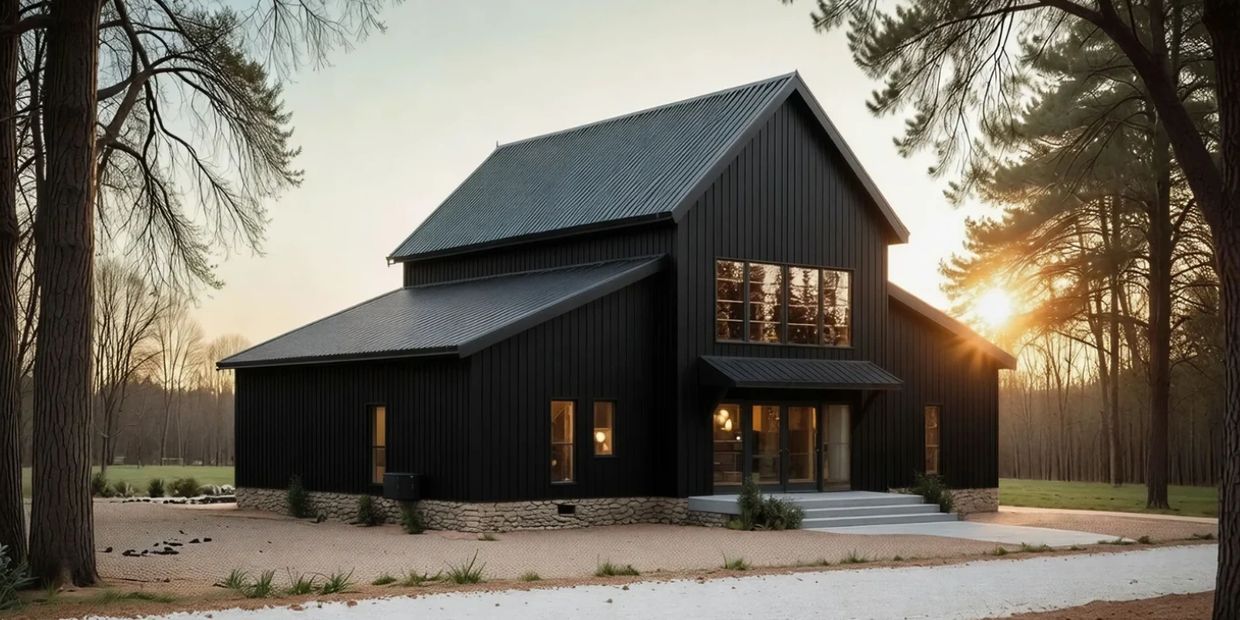 Modern black barn-style house in a serene wooded area at sunset.