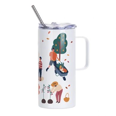 White tumbler with garden-themed illustrations and a metal straw.