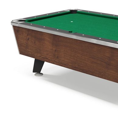 Corner of a wooden pool table with green felt and black legs.