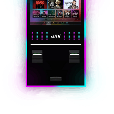 A modern AMI jukebox with a colorful digital interface and neon lighting.