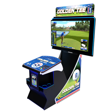 Golden Tee arcade game with golf simulation and control panel.