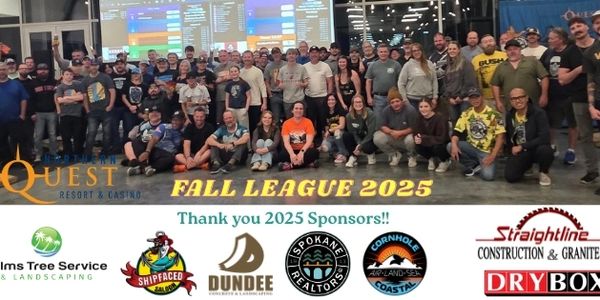 Large group photo at Northern Quest Fall League 2025 cornhole event with sponsors.