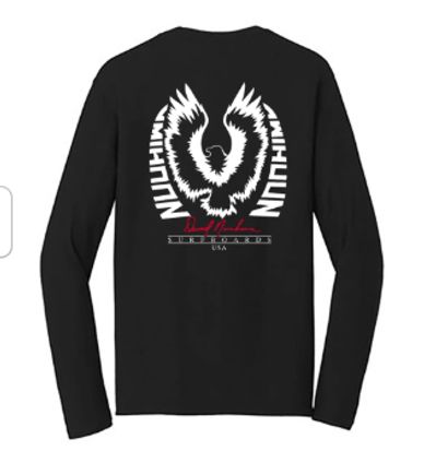 Black long-sleeve shirt with a white eagle graphic and red text.