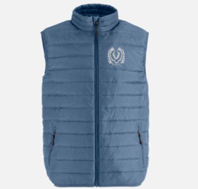 Blue sleeveless puffer vest with zipper and logo.