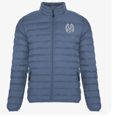 Blue padded jacket with zipper and emblem.
