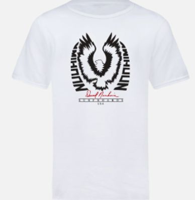 White t-shirt with eagle graphic and text.