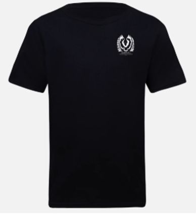 Black t-shirt with small white emblem on chest.