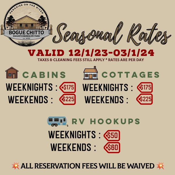 Rates Bogue Chitto Swamp Cabins