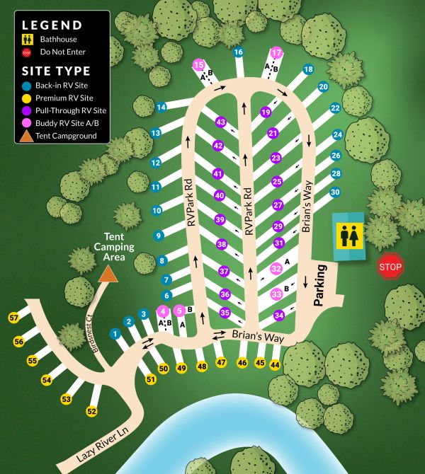 Map of an RV park with various site types, roads, and a tent camping area.