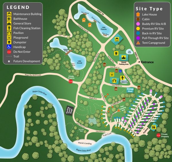 Detailed campground map showing site types, amenities, and trails.