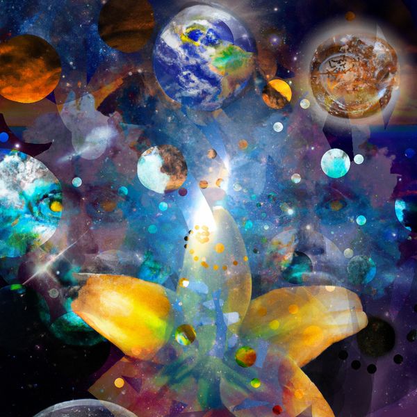 Abstract cosmic scene blending planets and floral shapes in vibrant colors.