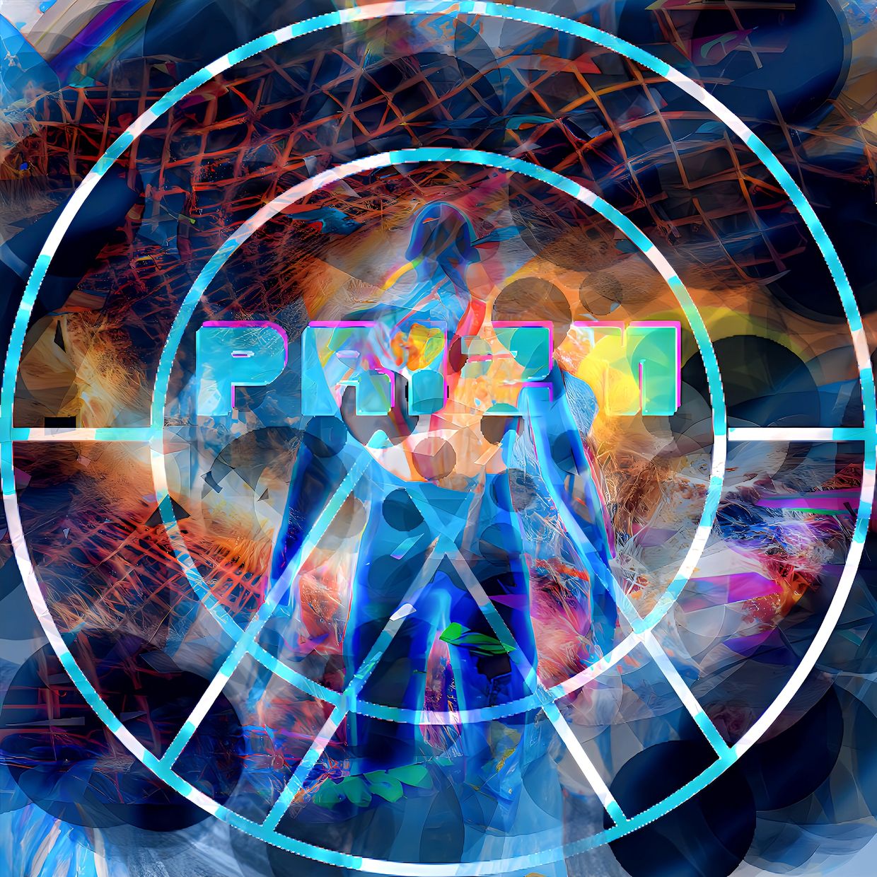 Abstract digital art of human figure inside a glowing circular frame with vibrant colors.