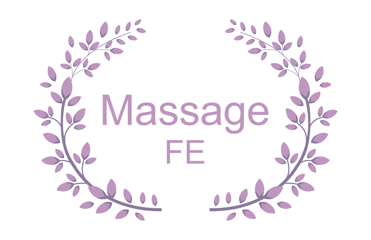 Massage FE logo with the name in soft purple, surrounded by a leafy wreath in the same color.