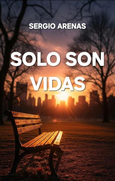 Sunset over an empty park bench with a city skyline in the background.