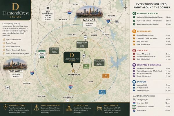 Map highlighting DiamondCrest Vistas in Maypearl, TX with local amenities and commute times.
