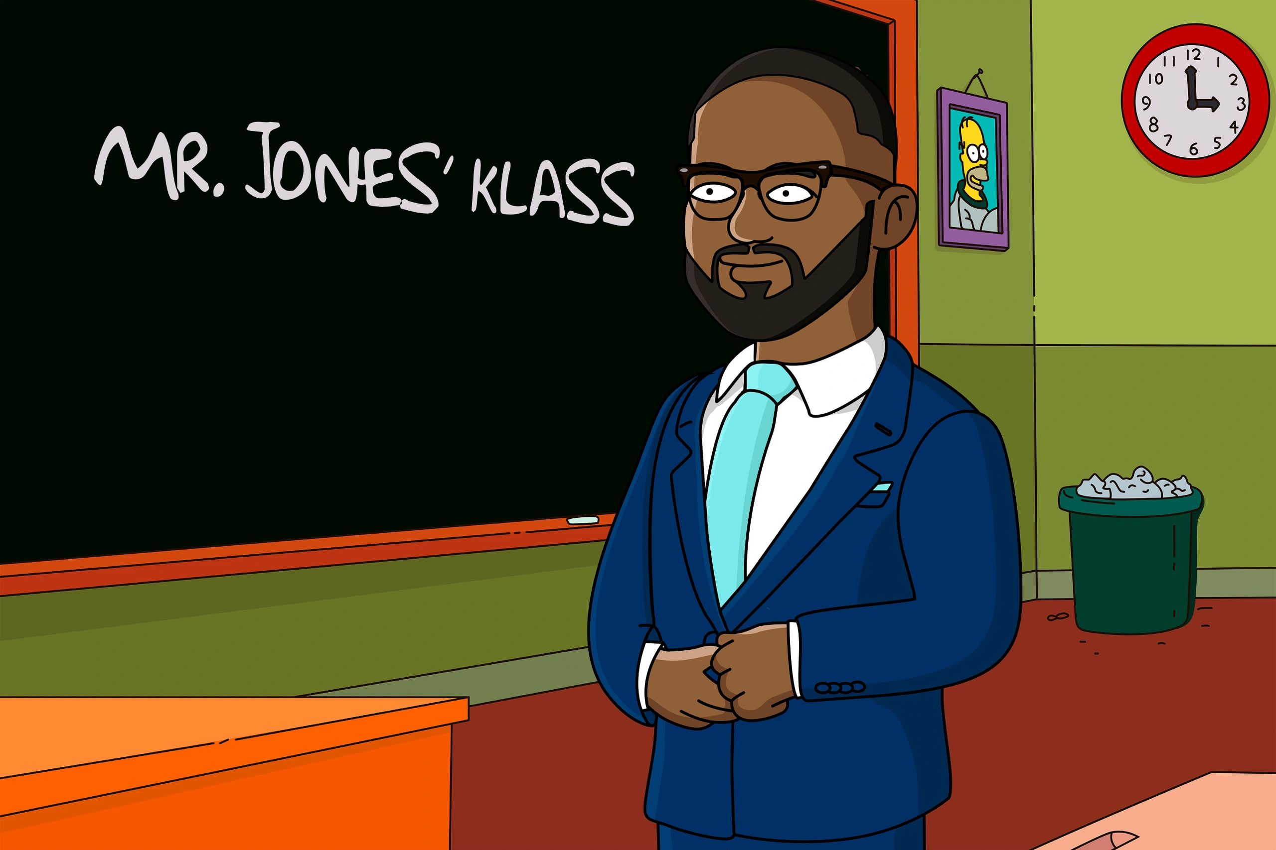 Animated teacher Mr. Jones stands confidently in front of a chalkboard in a classroom.