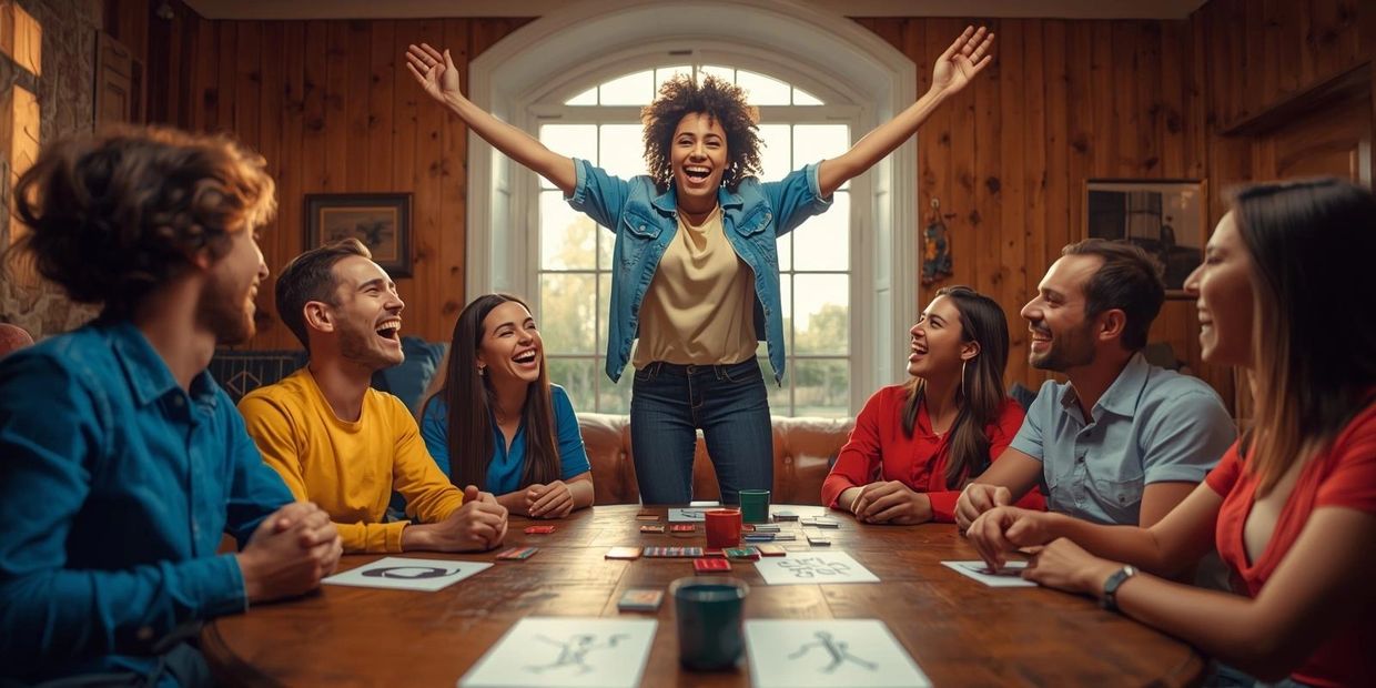 A group of friends enjoying a lively board game night indoors.