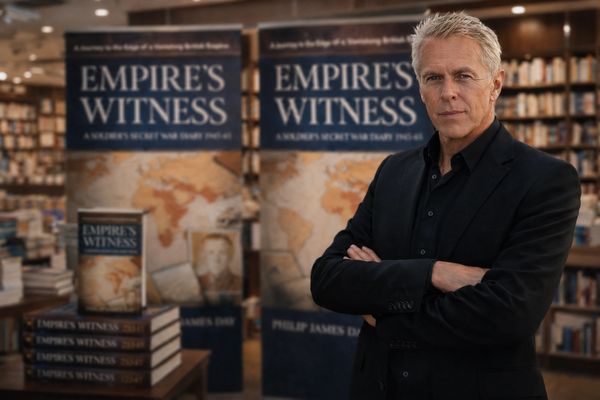 Philip Day standing arms folded in book shop with Empire's Witness posters