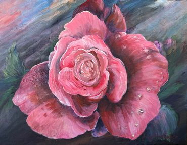 Title: Dew on Rose
Medium: Acrylic and Swarovski  Crystals
Size: 11 x 14 inches
Canvas Wrap, Ready t