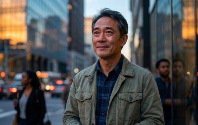 Middle-aged man smiling thoughtfully in an urban setting during sunset.