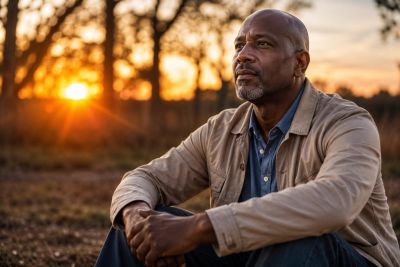 Man sitting outdoors at sunset, deep in thought.