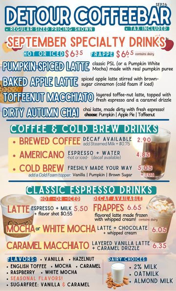 September coffee menu with specialty drinks and prices.
