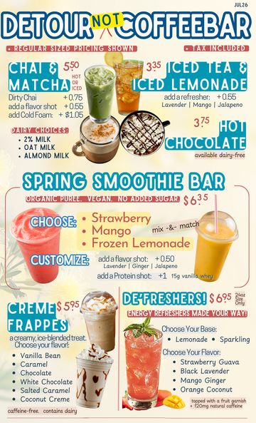 Colorful menu showcasing drinks at Detour Not Coffee Bar.