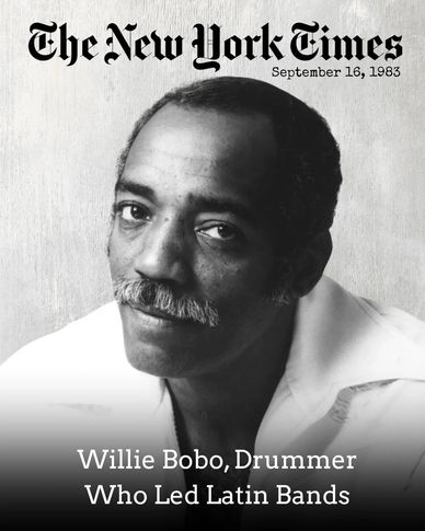 Portrait of Willie Bobo, renowned Latin band drummer, featured in 1983 New York Times.