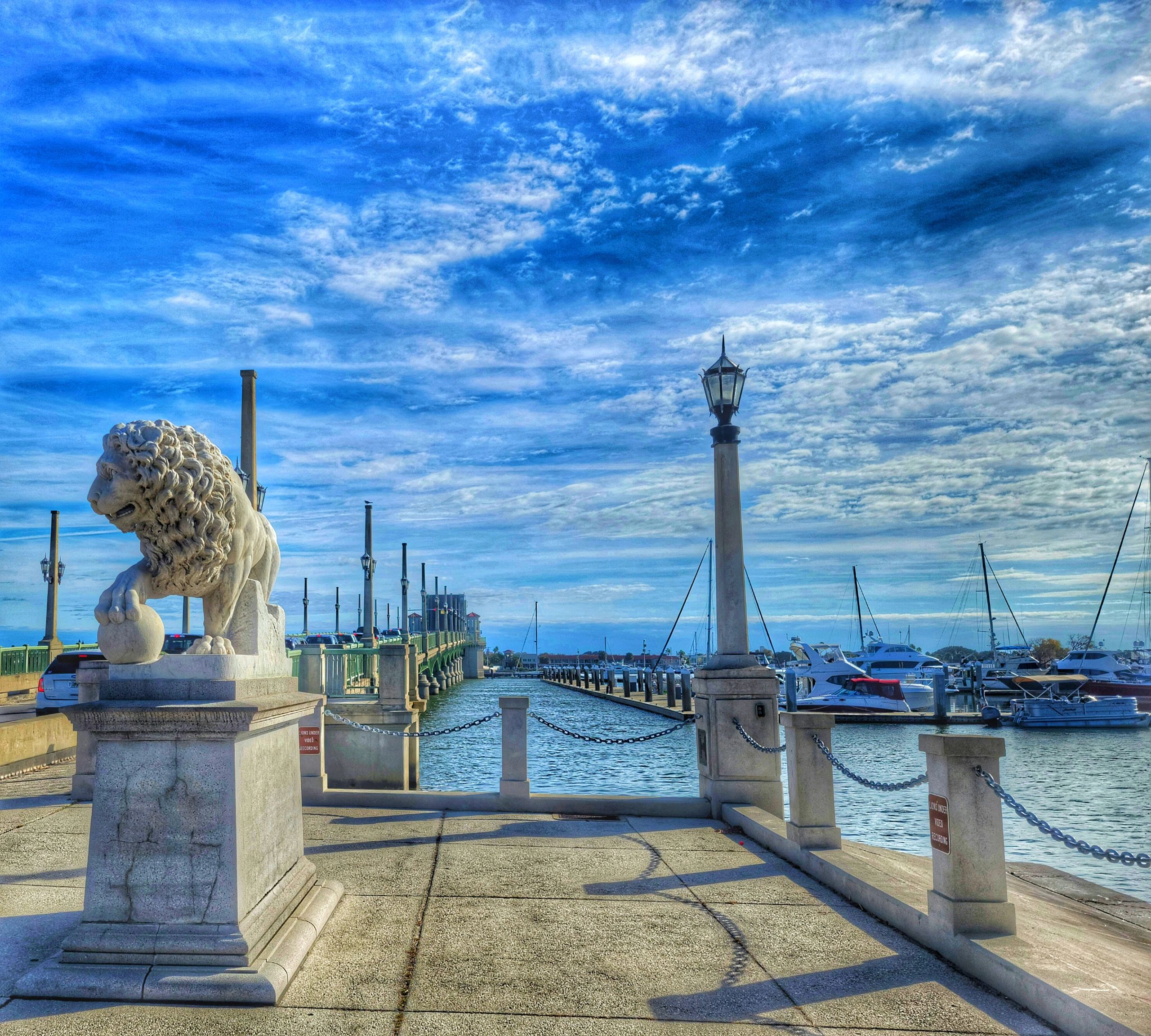 Lion posing infront of the bridge of lions
